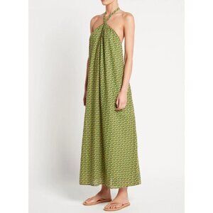 Faithfull The Brand Maxi Dress 10 Halter A-Line Green Cotton Check Rio Print, XL